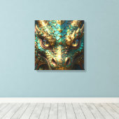 Turquoise en Gouden Drakengezicht Canvas Afdruk (Insitu (Houten vloer))