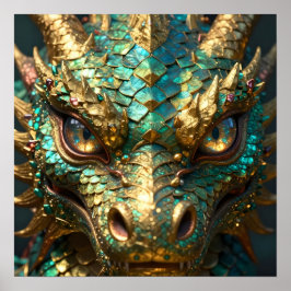 Turquoise en Gouden Drakengezicht Poster