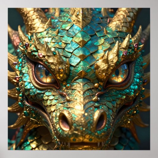 Turquoise en Gouden Drakengezicht Poster (Voorkant)