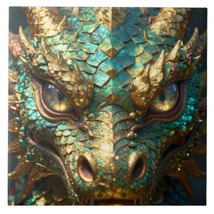 Turquoise en Gouden Drakengezicht Tegeltje