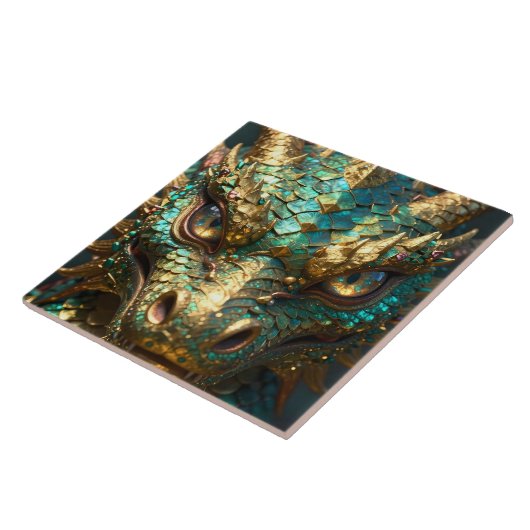 Turquoise en Gouden Drakengezicht Tegeltje (Zijkant)