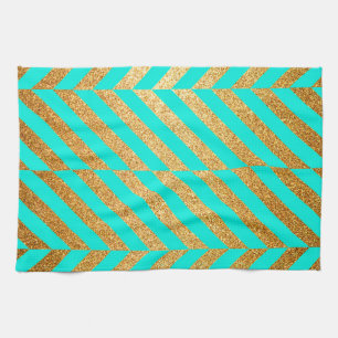Turquoise en Gouden Glitter Chevron Gestreept Patr Theedoek
