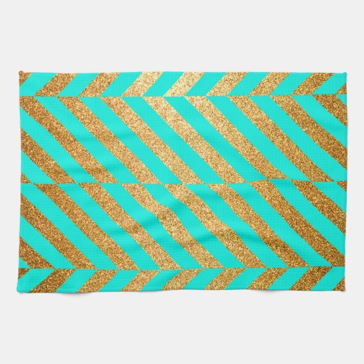 Turquoise en Gouden Glitter Chevron Gestreept Patr Theedoek (Horizontaal)