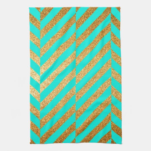 Turquoise en Gouden Glitter Chevron Gestreept Patr Theedoek (Verticaal)