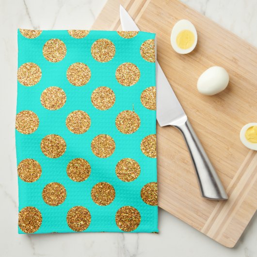 Turquoise en Gouden Glitter Polka Dot Pattern Theedoek (Quarter Fold)