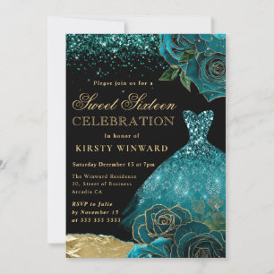 Turquoise en Gouden Glitterjurk Glamour Rozen Swee Kaart
