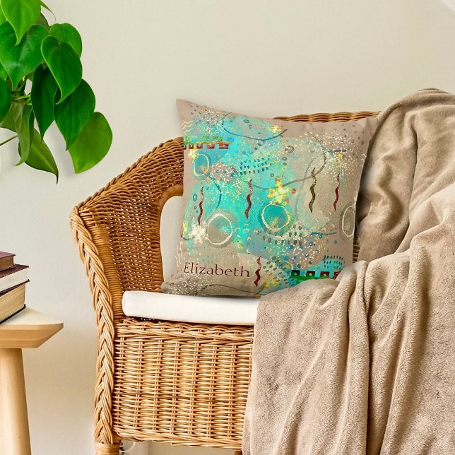 Turquoise en gouden oude wijsheid Boho Kussen (Transform your space with the tranquil hues of our Turquoise And Golden Ancient Wisdom Throw Pillow.)