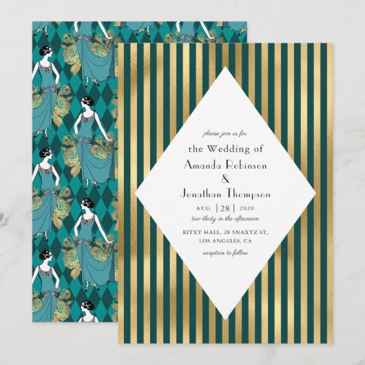 Turquoise en Gouden Paris Art Deco Bruiloft Kaart (Voorkant / Achterkant)