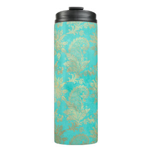 Turquoise en Gouden Pauw Damast Thermosbeker