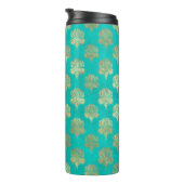Turquoise en gouden pauw grunge damast thermosbeker (Geroteerd rechts)