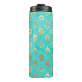 Turquoise en gouden pauw thermosbeker