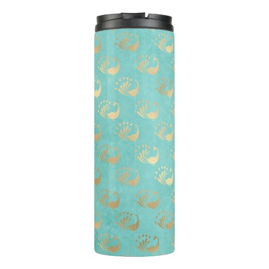 Turquoise en gouden pauw thermosbeker (Achterkant)