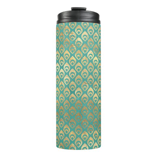 turquoise en gouden pauw thermosbeker (Voorkant)