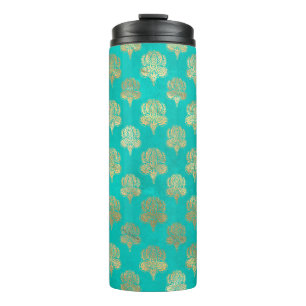 Turquoise en gouden Peacock Grunge Damask Thermosbeker