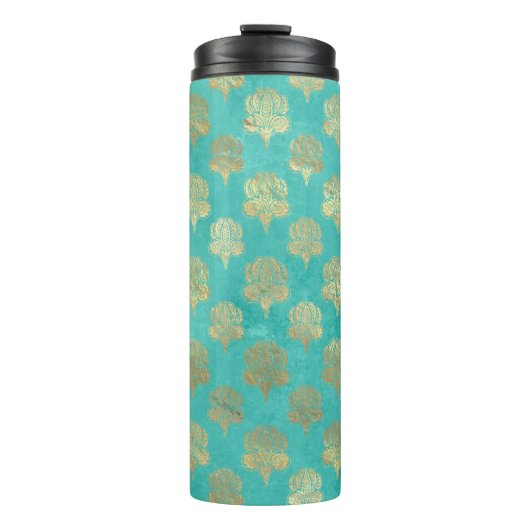 Turquoise en gouden Peacock Grunge Damask Thermosbeker (Voorkant)