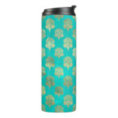 Turquoise en gouden Peacock Grunge Damask Thermosbeker (Gedraaid links)