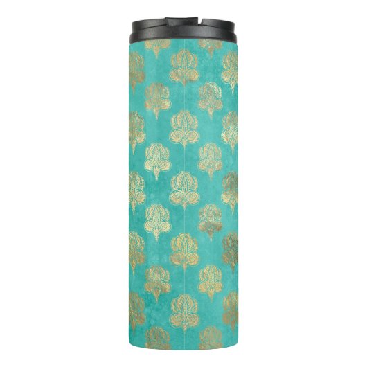Turquoise en gouden Peacock Grunge Damask Thermosbeker (Achterkant)