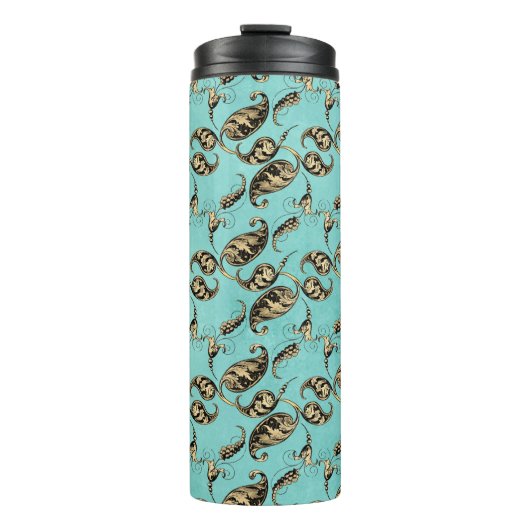 Turquoise en gouden Peacock Paisley Thermosbeker (Voorkant)