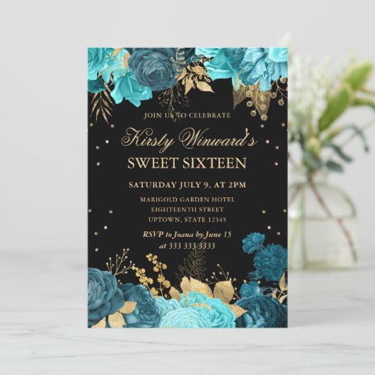 Turquoise en Gouden Rozen Bloemen Sweet Sixteen Kaart (Staand voorkant)