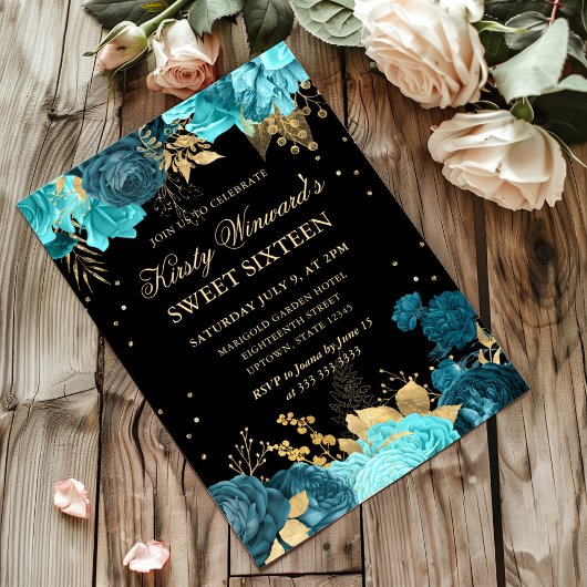 Turquoise en Gouden Rozen Bloemen Sweet Sixteen Kaart