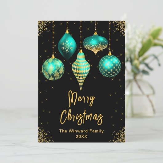 Turquoise en Gouden Versieringen Prettig Kerstfees Feestdagenkaart (Staand voorkant)