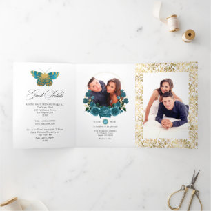 Turquoise en gouden vintage bloemen trouwfoto drieluik uitnodiging