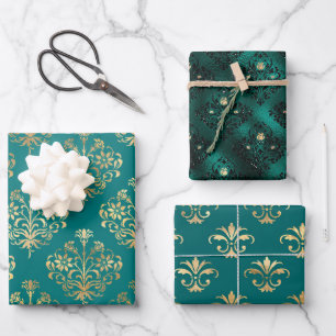 Turquoise en gouden vintage damast inpakpapier vel