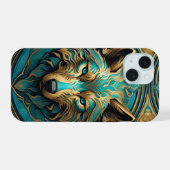Turquoise en Gouden Wolf iPhone 15 Case (Achterkant horizontaal)