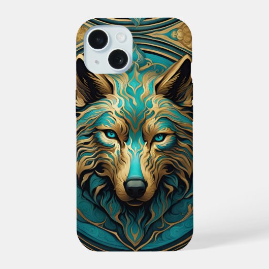 Turquoise en Gouden Wolf iPhone 15 Case (Achterkant)
