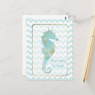 Turquoise en Gouden Zeepaard Verhuisbericht Briefkaart