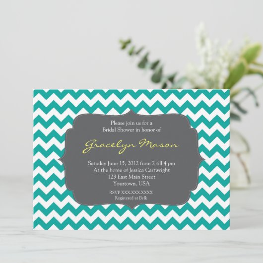 turquoise en Gray Chevron Shower Invitation Kaart (Staand voorkant)