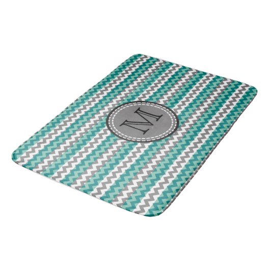 Turquoise en Gray Chevron Zigzag Monogram Badmat (Gekanteld)