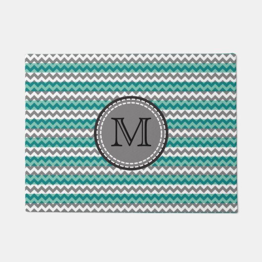Turquoise en Gray Chevron Zigzag Monogram Deurmat (Voorkant)