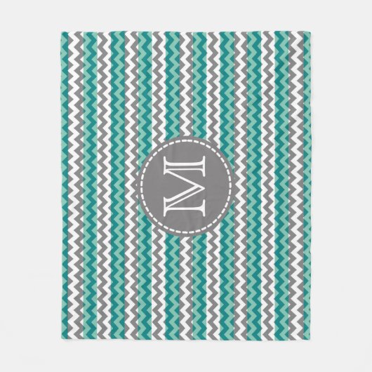 Turquoise en Gray Chevron Zigzag Monogram Fleece Deken (Voorkant)
