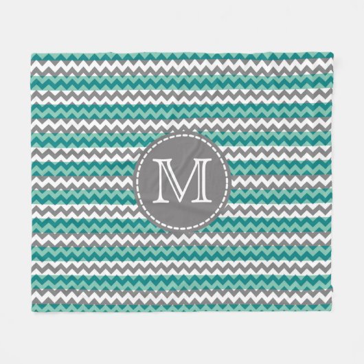 Turquoise en Gray Chevron Zigzag Monogram Fleece Deken (Voorkant (Horizontaal))