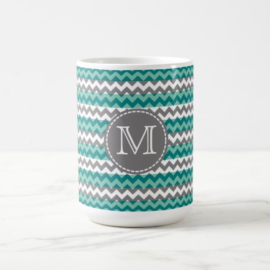 Turquoise en Gray Chevron Zigzag Monogram Koffiemok (Center)