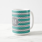 Turquoise en Gray Chevron Zigzag Monogram Koffiemok (Voorkant rechts)
