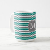 Turquoise en Gray Chevron Zigzag Monogram Koffiemok (Voorkant links)