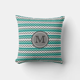 Turquoise en Gray Chevron Zigzag Monogram Kussen