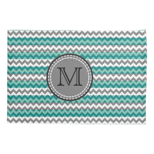 Turquoise en Gray Chevron Zigzag Monogram Kussensloop (Achterkant)