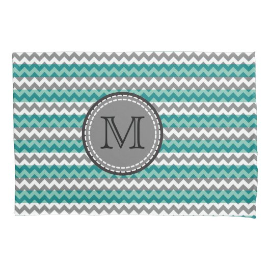Turquoise en Gray Chevron Zigzag Monogram Kussensloop (Voorkant)
