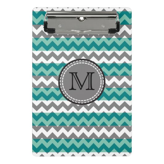 Turquoise en Gray Chevron Zigzag Monogram Mini Klembord (Voorkant)