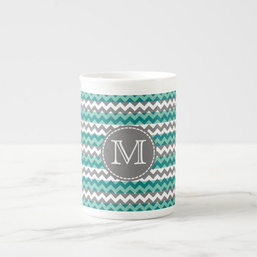 Turquoise en Gray Chevron Zigzag Monogram Porselein Kop (Voorkant)