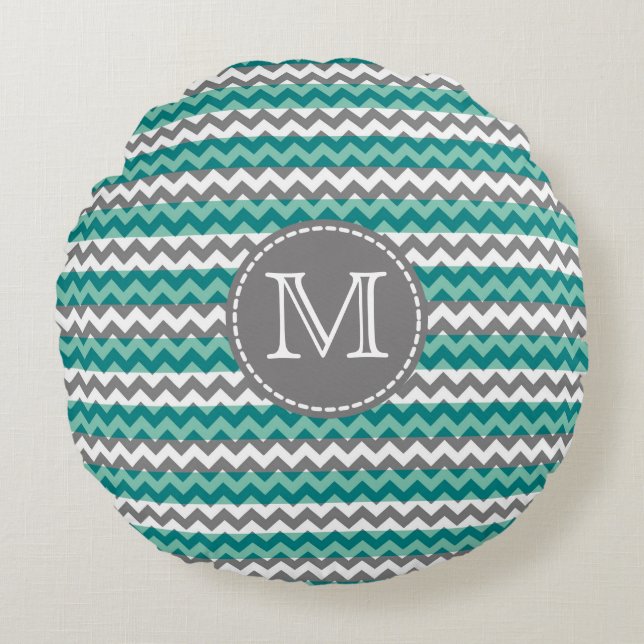 Turquoise en Gray Chevron Zigzag Monogram Rond Kussen (Voorkant)