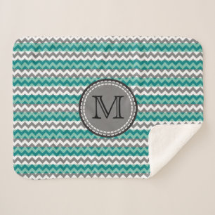 Turquoise en Gray Chevron Zigzag Monogram Sherpa Deken