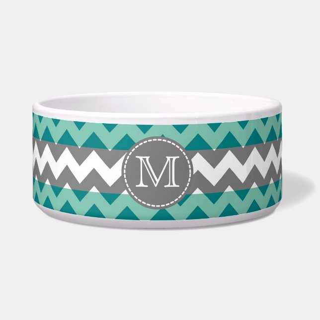 Turquoise en Gray Chevron Zigzag Monogram Voerbakje (Voorkant)