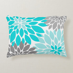 Turquoise en Gray Chrysanthemums Floral Pattern Decoratief Kussen