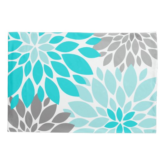 Turquoise en Gray Chrysanthemums Floral Pattern Kussensloop (Achterkant-Links)
