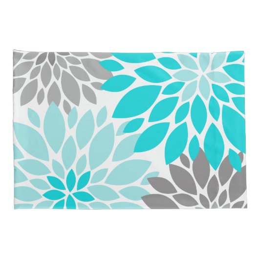 Turquoise en Gray Chrysanthemums Floral Pattern Kussensloop (Achterkant-Rechts)