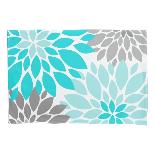 Turquoise en Gray Chrysanthemums Floral Pattern Kussensloop (Voorkant-Links)